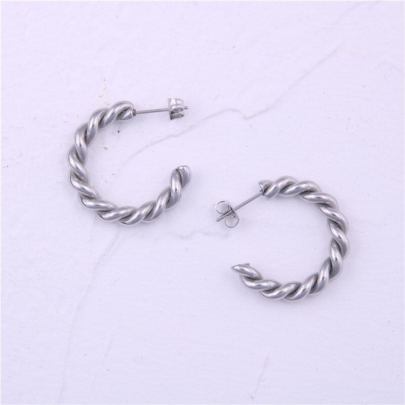 Big Twisted Hoop Earrings For Women Gold Silver Color Stainless Steel Wedding Earrings Large Vintage Retro Hoop Earrings Femme